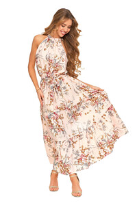 Długa sukienka damska bez rękawów w kwiatowy wzór MDW2800 różowa